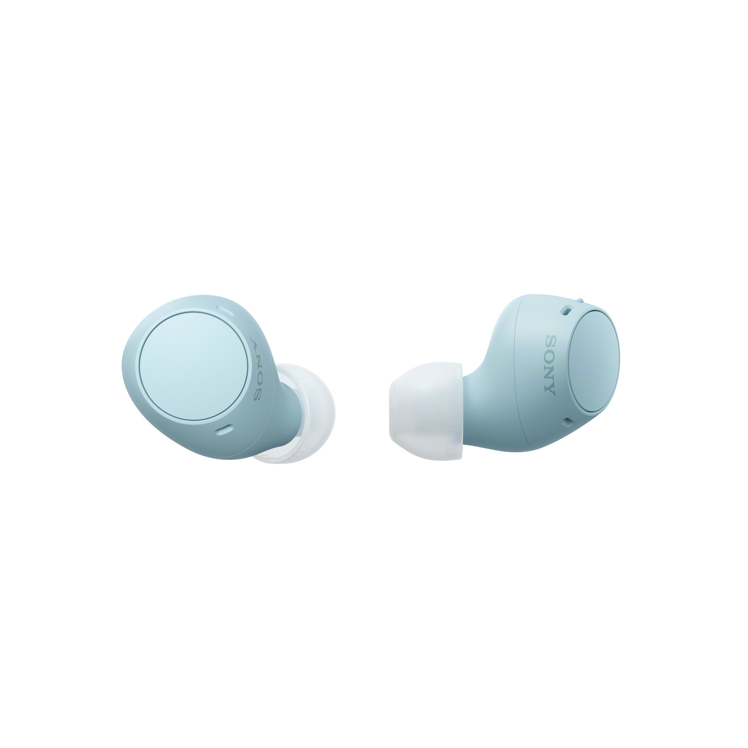 Two light blue earbuds, angled towards each other, on a white background.