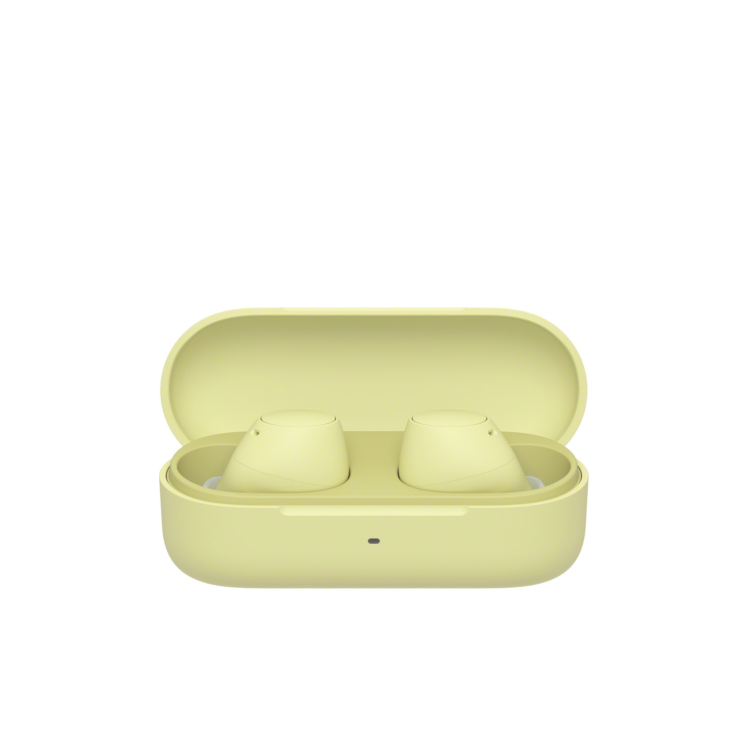 Yellow wireless earbuds and a charging case. The case is open, showing the earbuds inside.