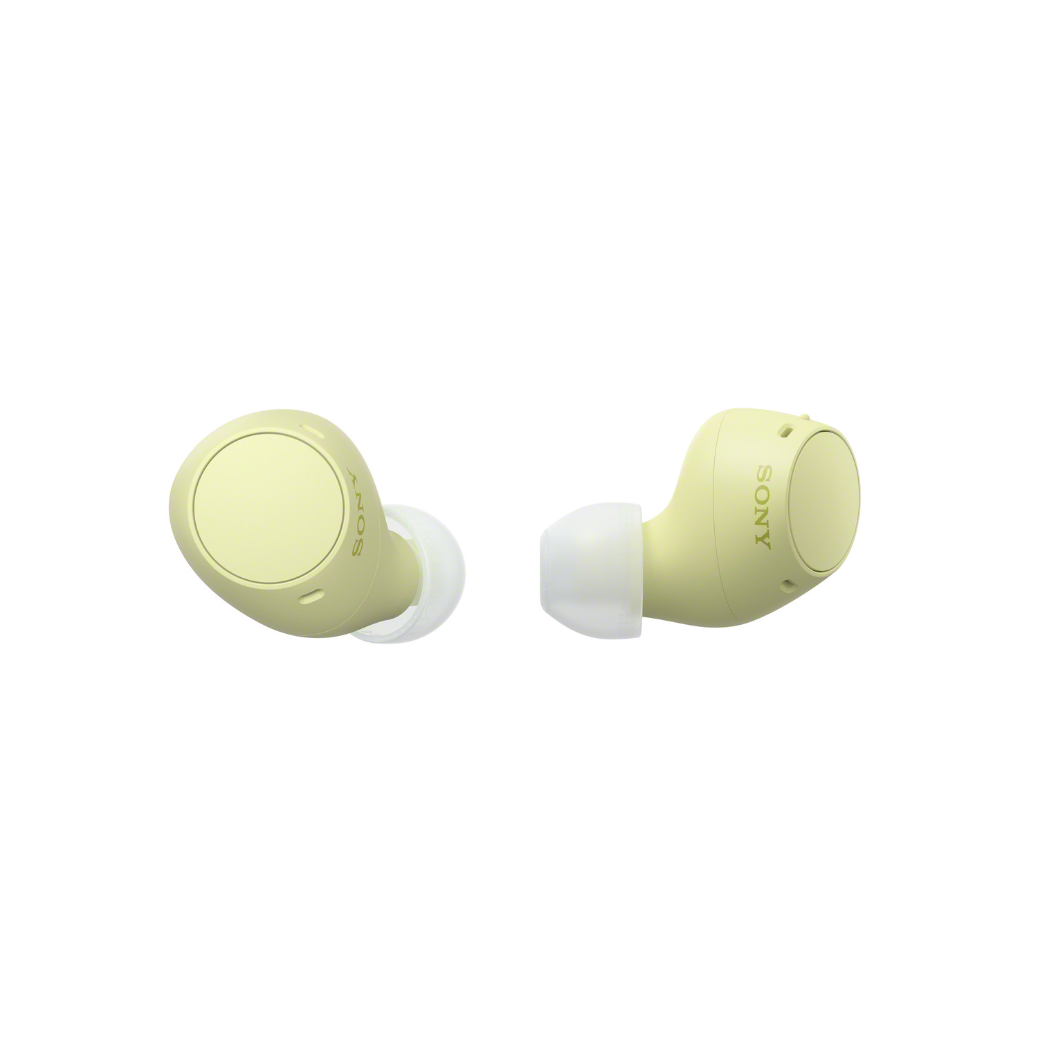 Pair of yellow-green Sony earbuds, isolated, on a white background.
