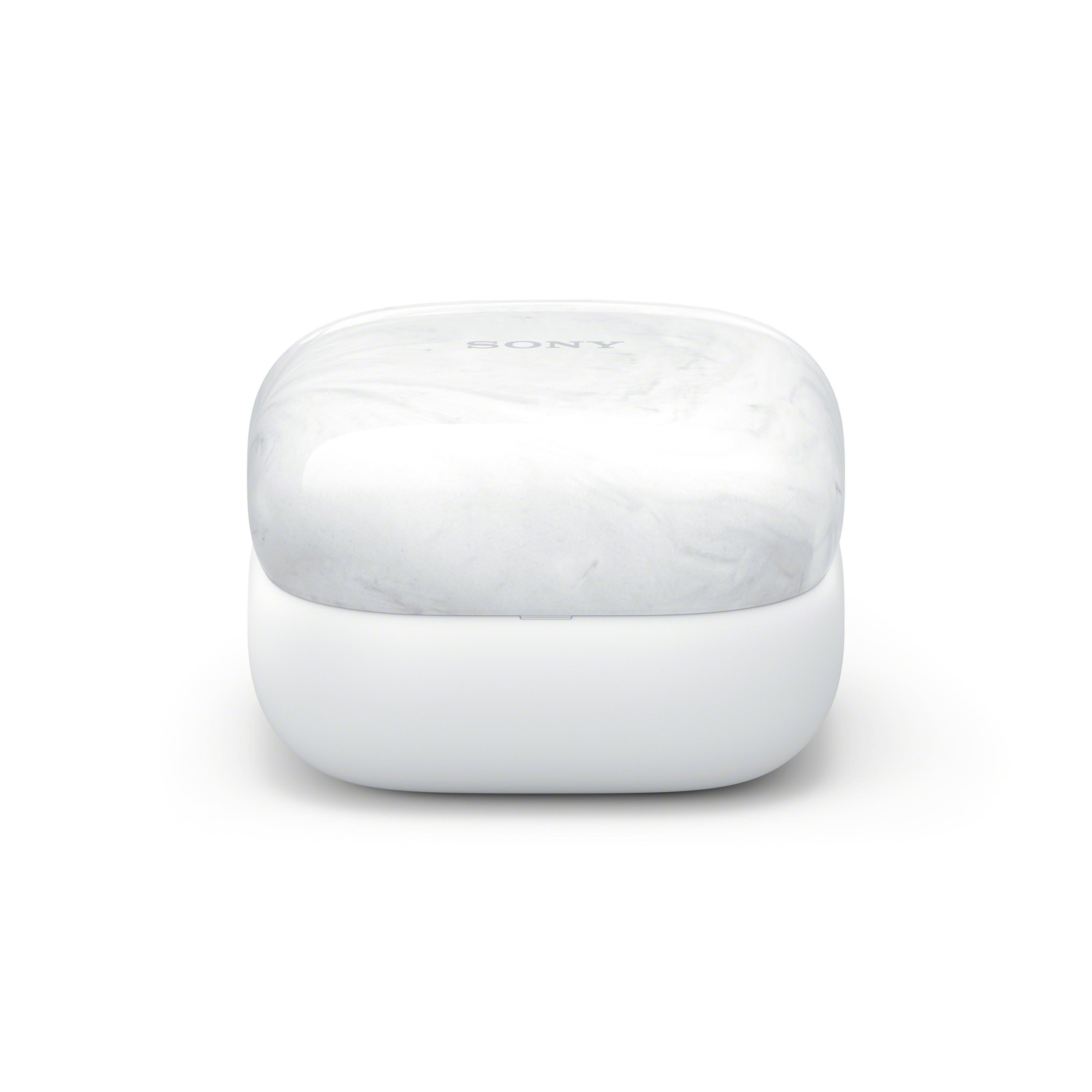 Witte oordopjes oplaadcase met marmerpatroon en Sony-logo erboven.