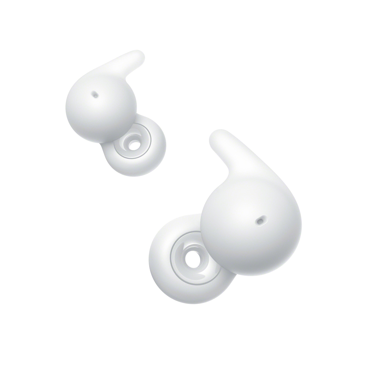 Two white earbuds, isolated on a white background. Each bud has a rounded shape.