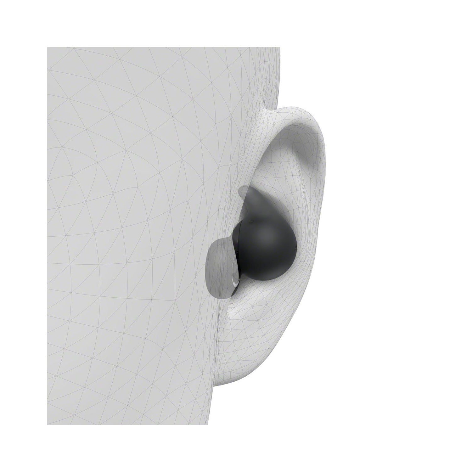 A black earbud in a wireframe head model. The earbud is in the ear.