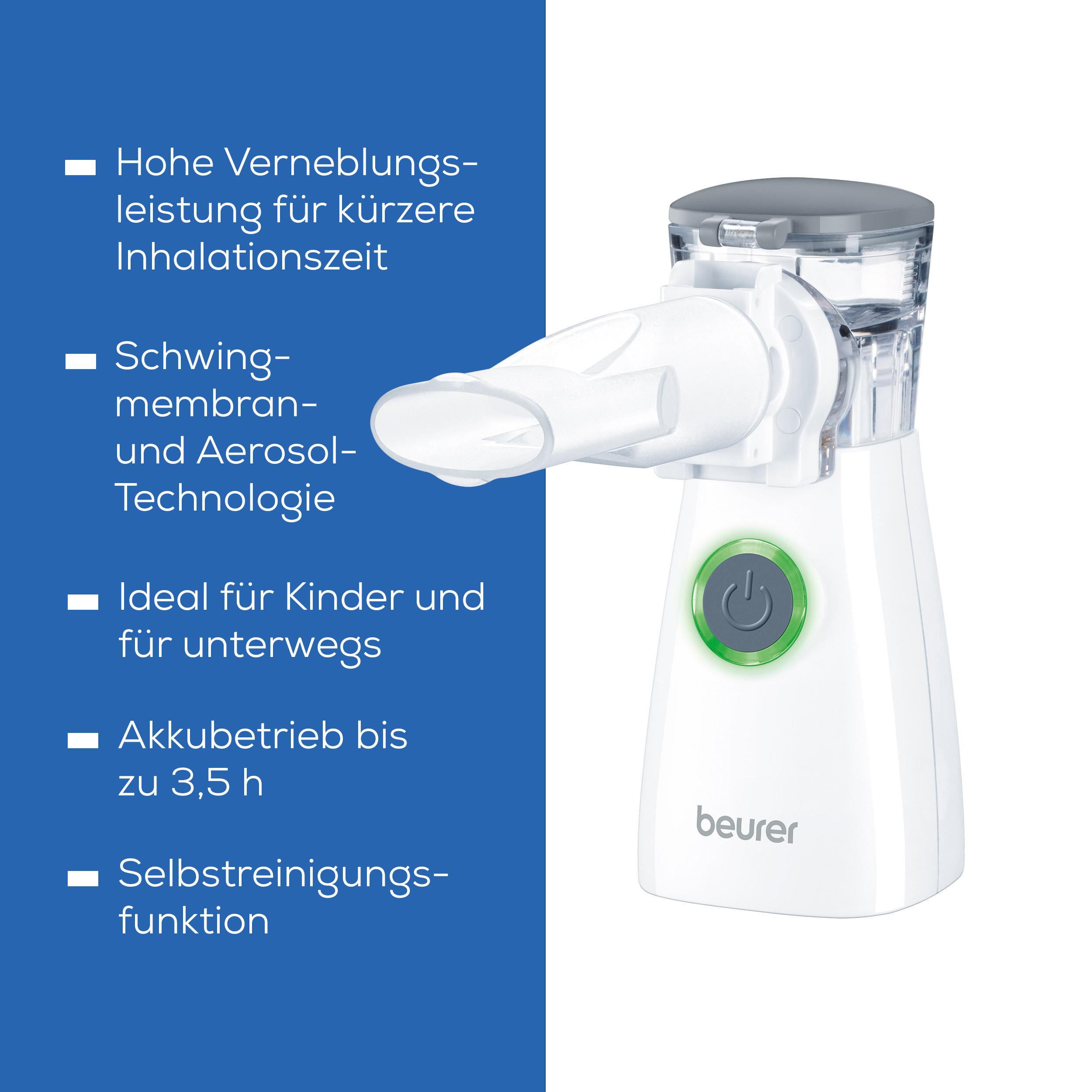 Weißer und grüner Vernebler mit Text zu den Funktionen. Es ist ideal für Kinder und unterwegs.