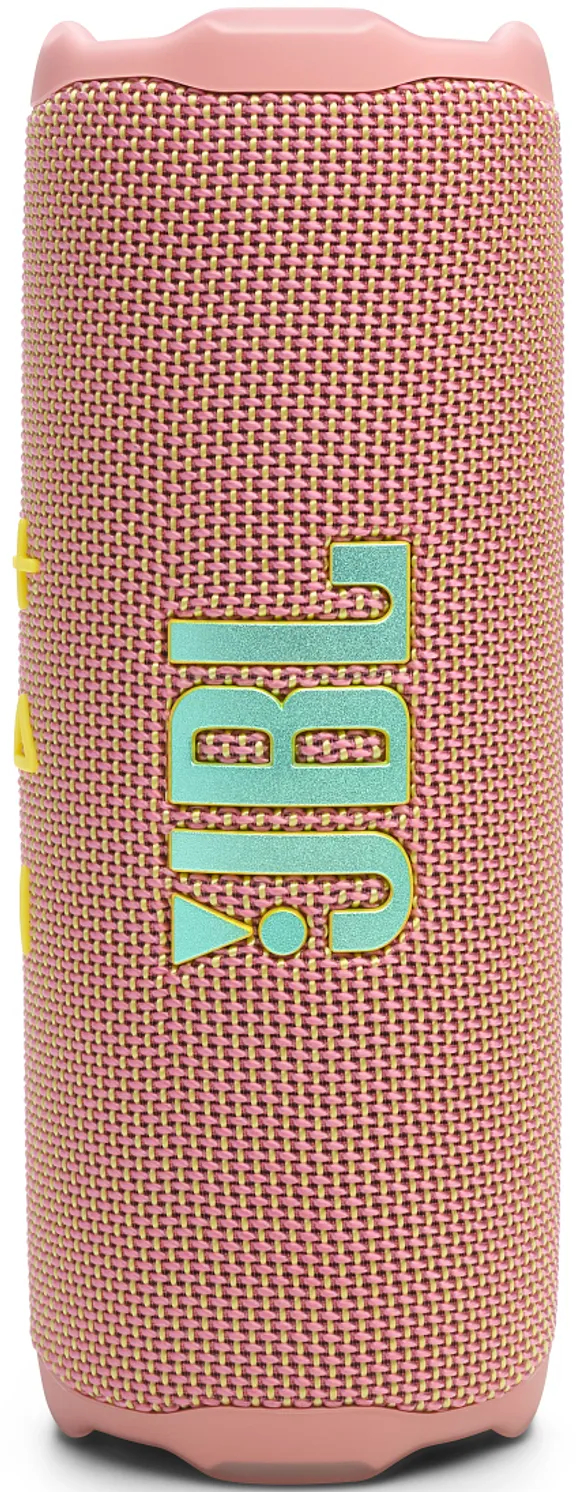 Różowy i żółty głośnik JBL na białym tle.