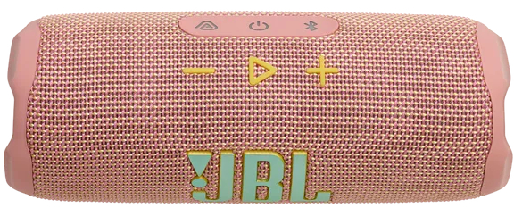 Różowy głośnik JBL z żółtymi przyciskami. Głośnik ma siatkowy przód i różowy akcent.