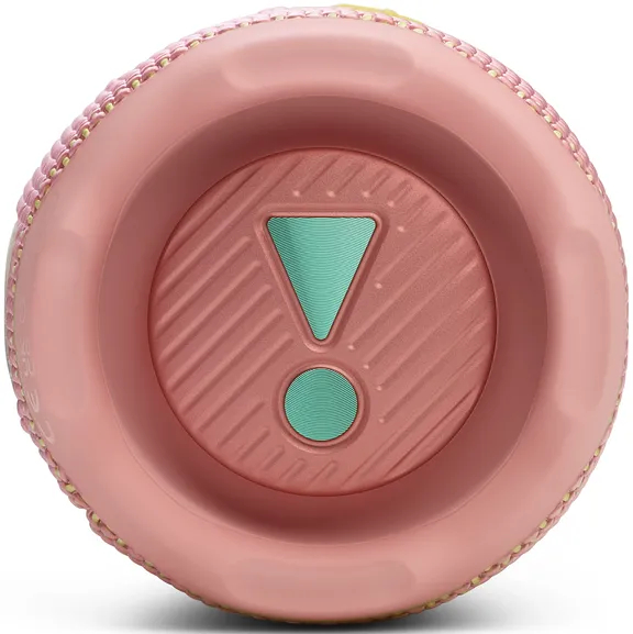 Różowe dno głośnika ze znakiem wykrzyknika i zielonym okręgiem. Żółte wykończenie.