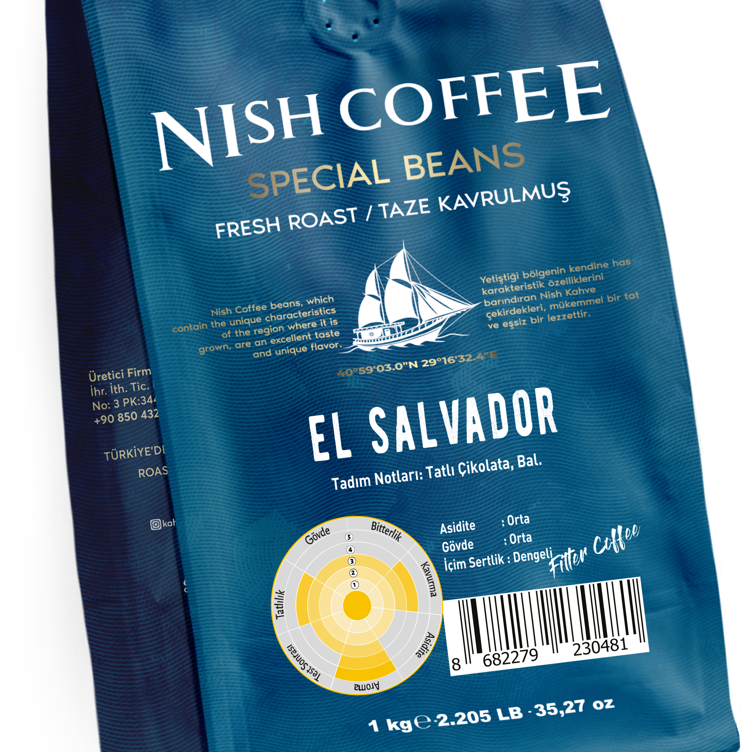 Mavi kahve poşeti, 'NISH COFFEE SPECIAL BEANS EL SALVADOR' metniyle. Bir geminin grafiği.