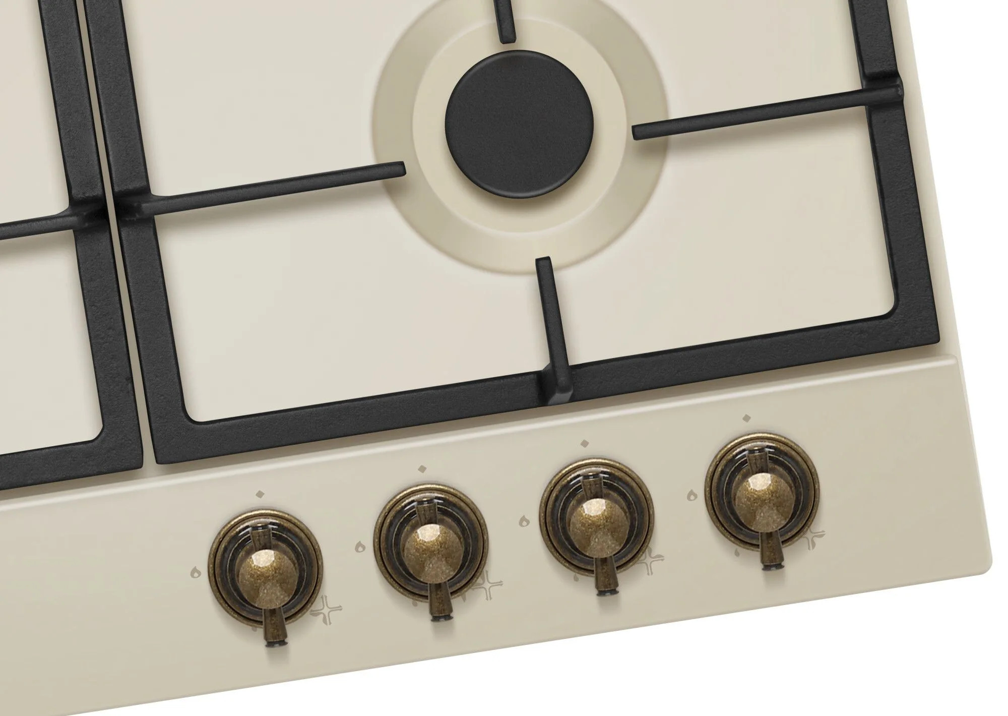 Kremowa płyta gazowa z czarnymi rusztami i mosiężnymi pokrętłami. Posiada cztery palniki i pokrętła sterowania.