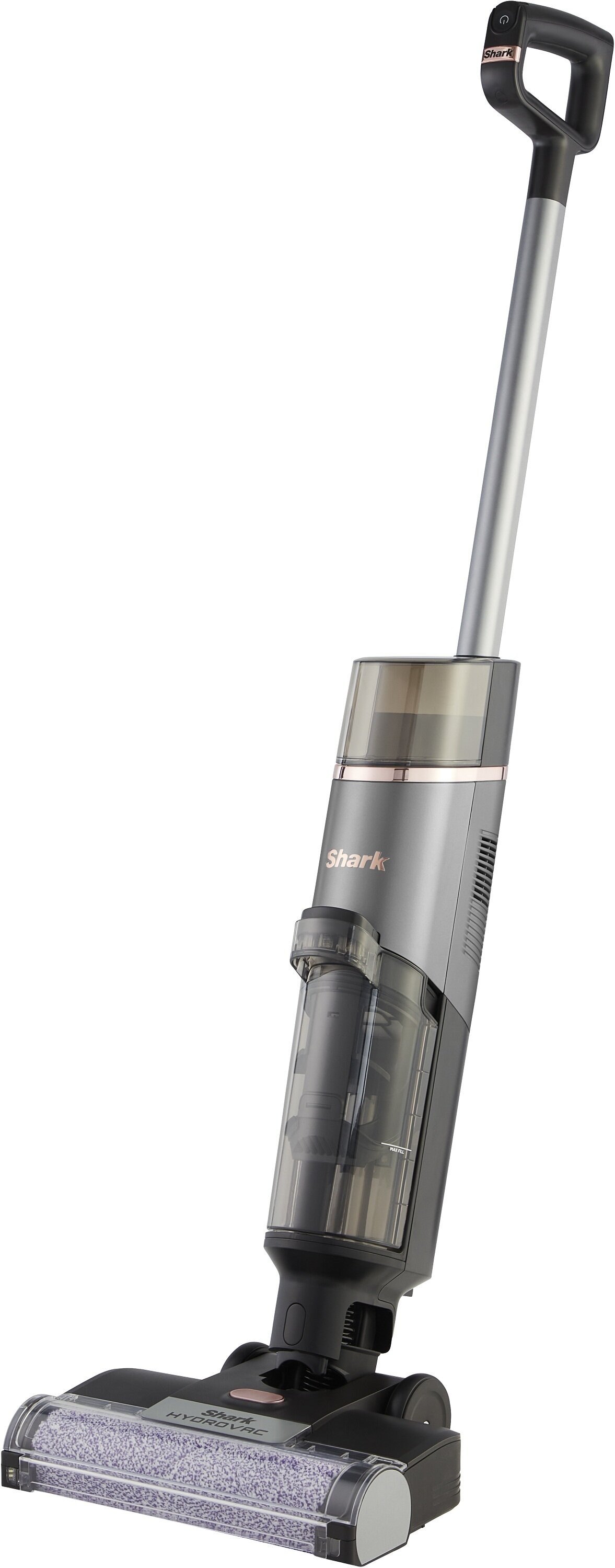 Bezprzewodowa myjka do podłóg Shark, szara i różowego złota, z przezroczystym pojemnikiem na wodę.