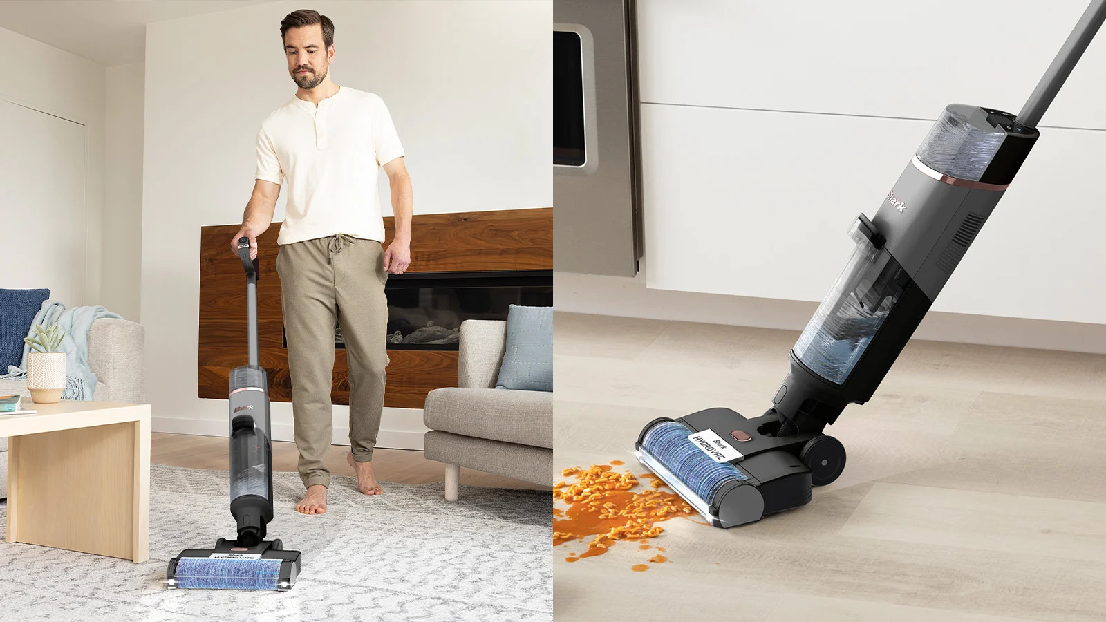 Obraz dwuczęściowy: Mężczyzna używający odkurzacza na mokro i sucho na dywanie i odkurzacz czyszczący rozlanie na podłodze.