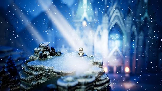 Escena animada. Un pequeño personaje está de pie sobre una roca nevada, con un castillo al fondo.