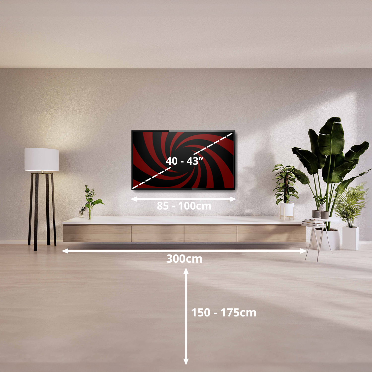 Wnętrze z telewizorem na ścianie, roślinami i oznaczeniami wymiarów. Telewizor ma 40-43 cale.