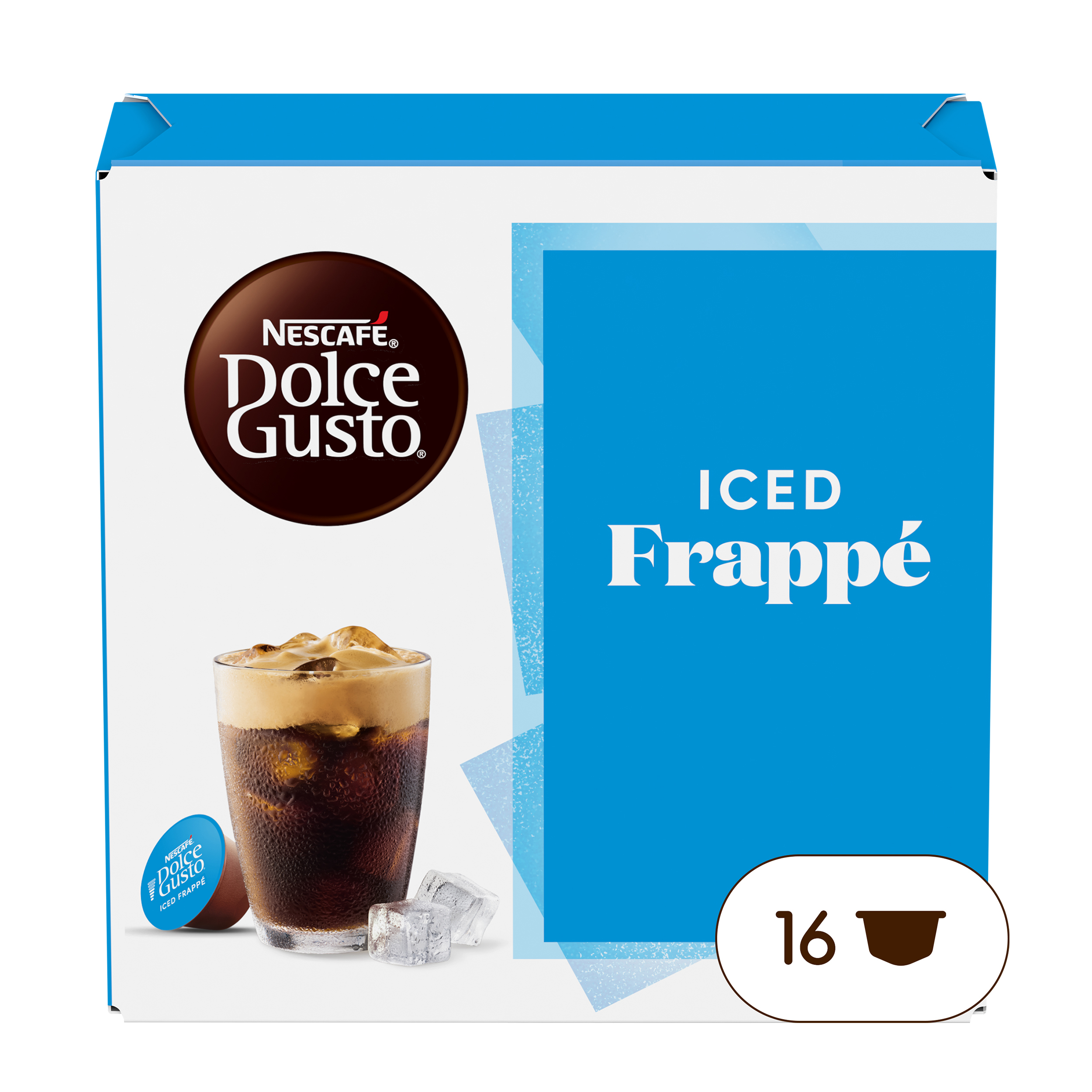 Schachtel mit Nescafe Dolce Gusto Iced Frappe. Bild eines Getränks. Blau und weiß.