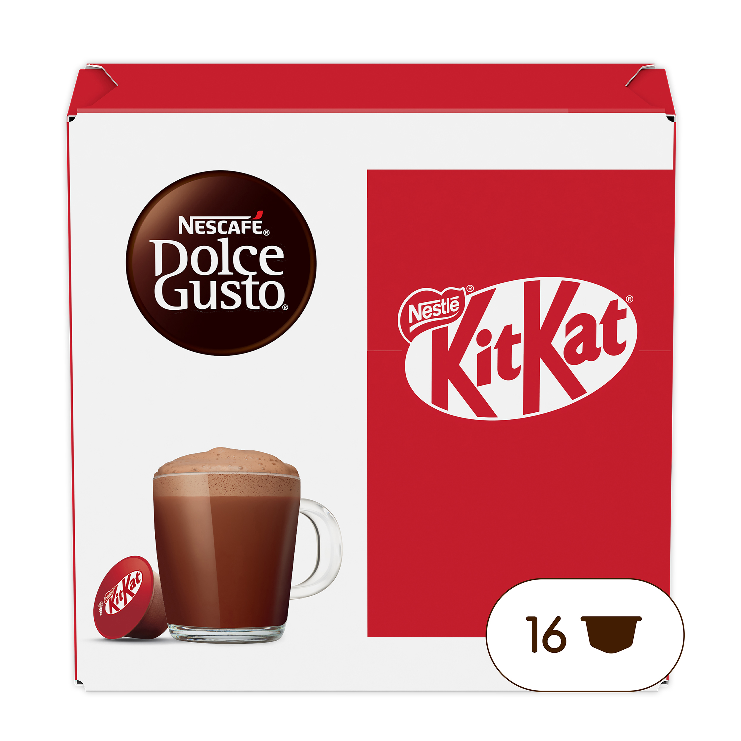 Schachtel mit Nescafe Dolce Gusto Kit Kat Kapseln. Eine Tasse Kaffee und ein Kit Kat sind abgebildet.