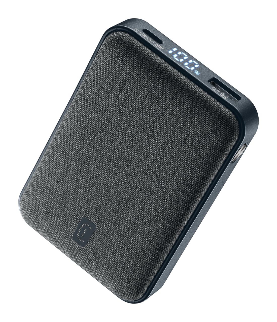 Dunkelgraue Powerbank mit Stoffstruktur und weißem Display.