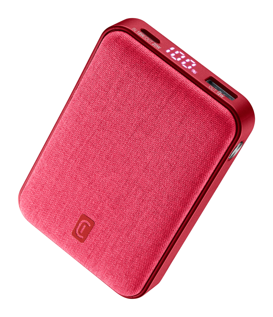 Rote Powerbank mit Anzeige von 100% Ladung und rotem Rahmen.