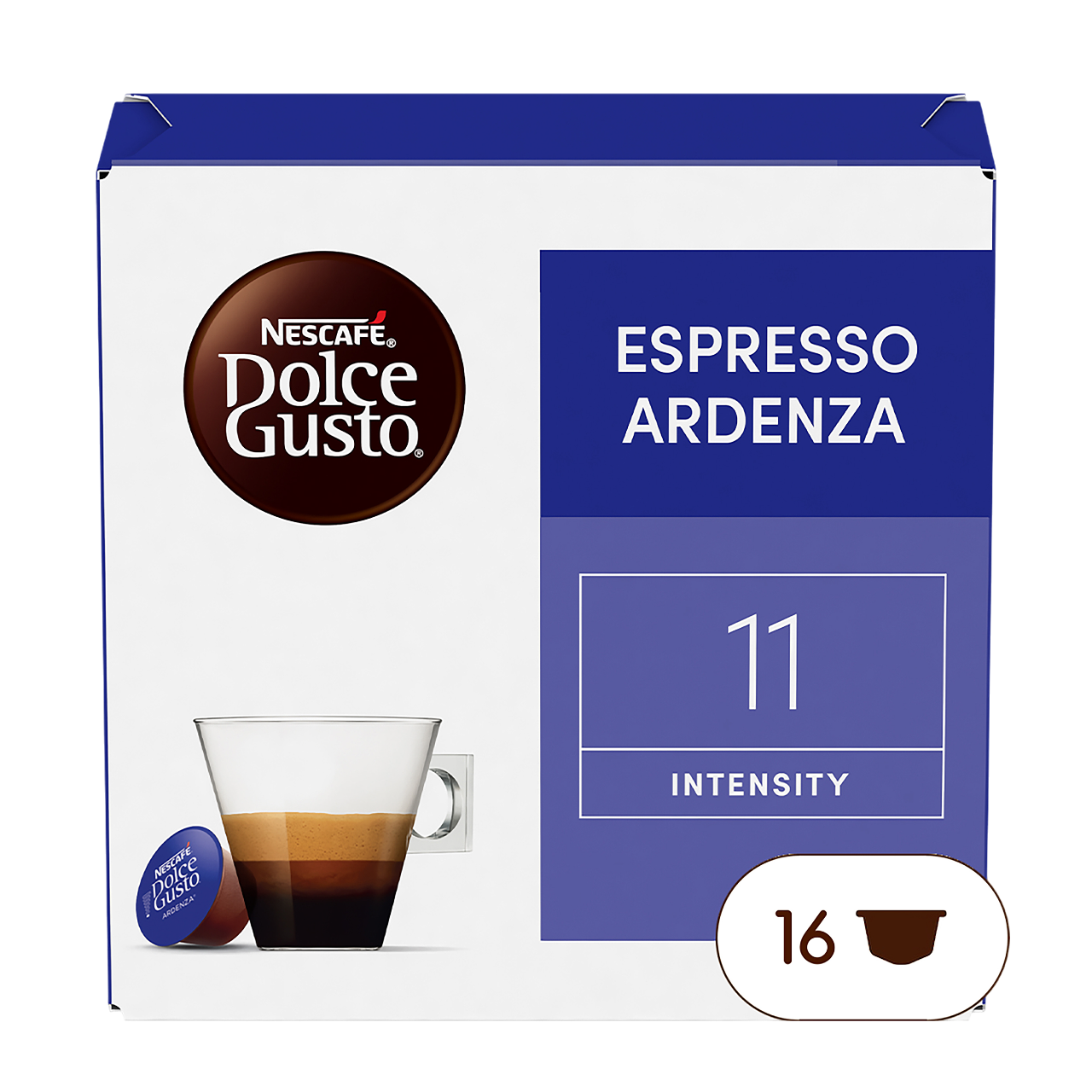 Kaffeepackung von Dolce Gusto Espresso Ardeza. Es zeigt eine Tasse Kaffee und die Intensitätsstufe ist 11.