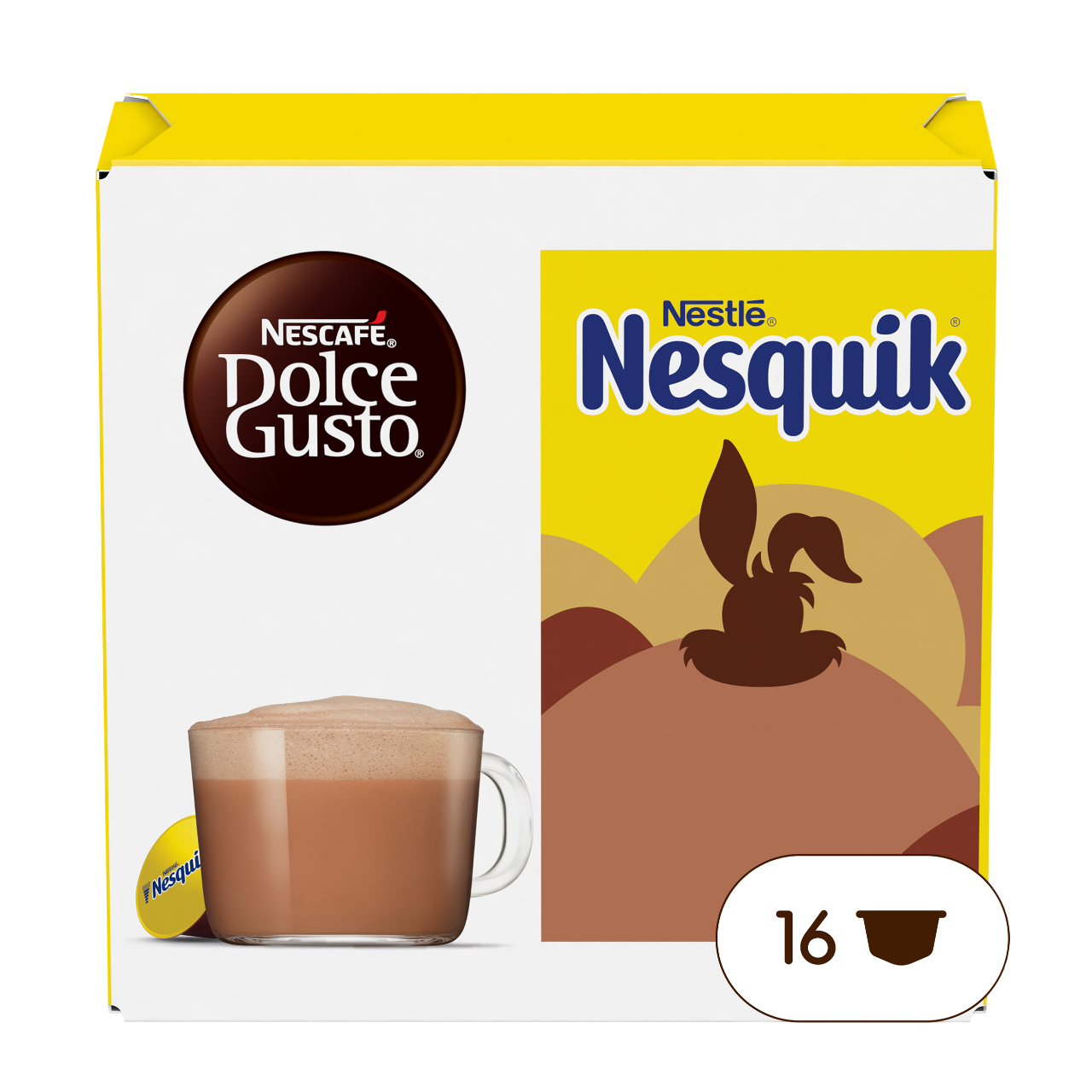 Nescafe Dolce Gusto Box mit Kaffeetasse und Nesquik-Packung. 16 Kapseln sind vorhanden.