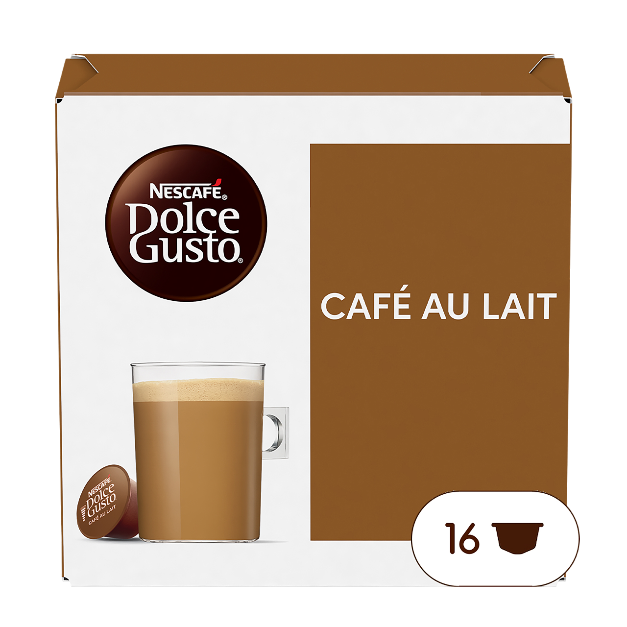 Eine Schachtel Nescafe Dolce Gusto Cafe au Lait Kaffeepads. Zeigt einen Kaffee und eine Kapsel.