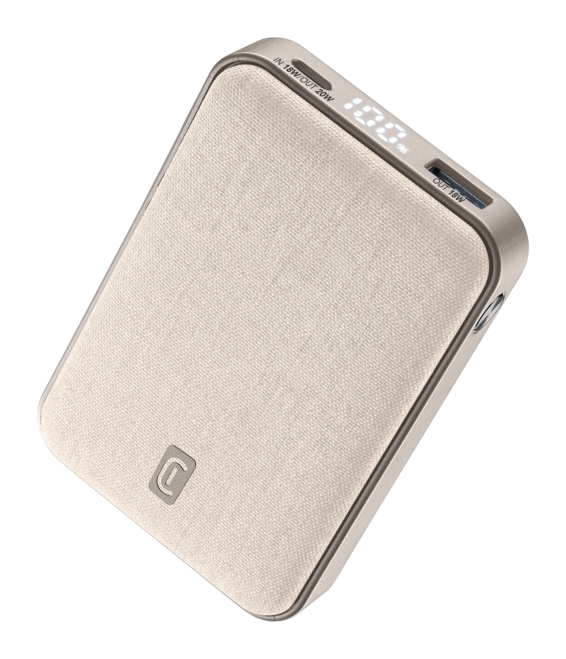 Beige und silberne Powerbank mit Anzeige, die 100 % anzeigt.
