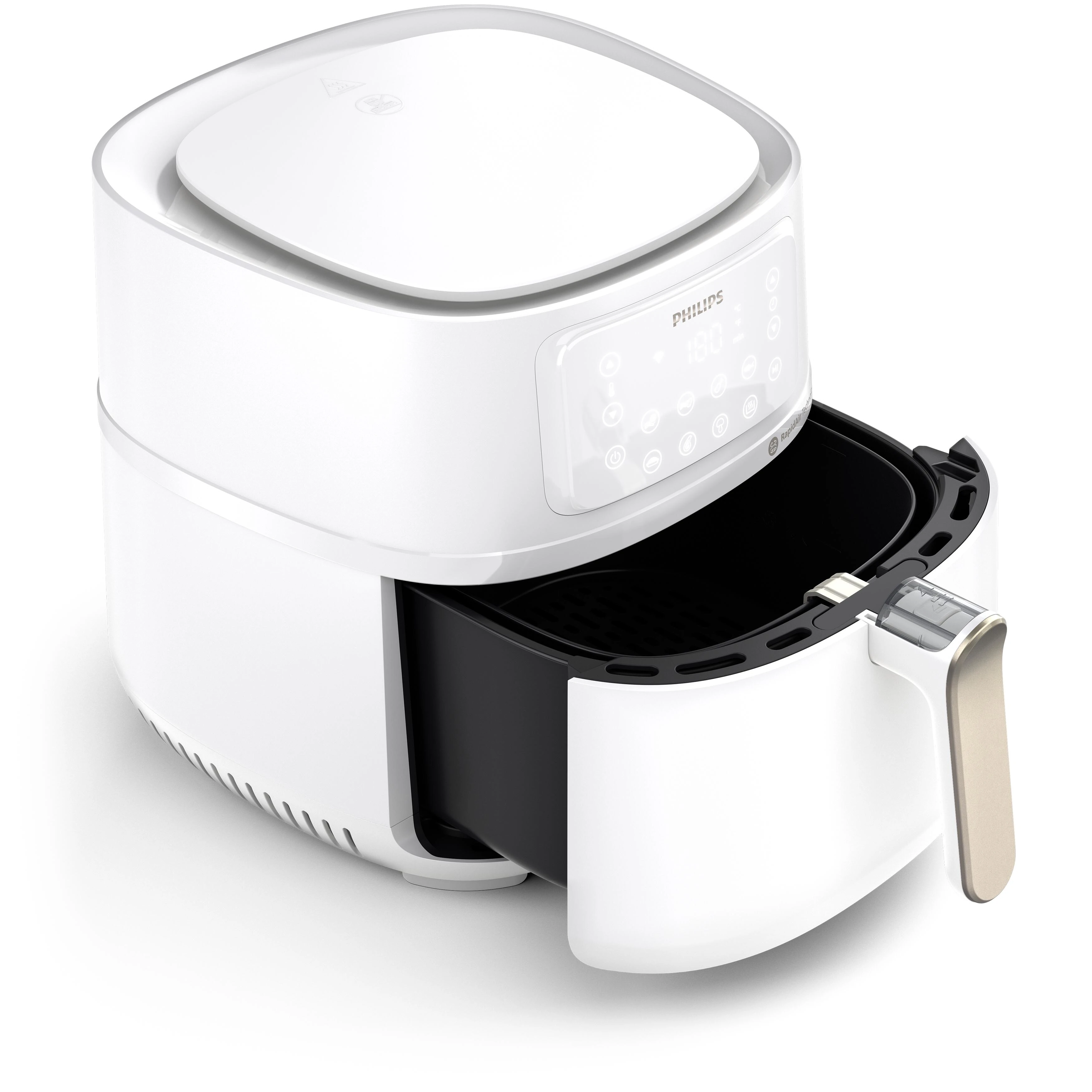 Biała frytkownica beztłuszczowa Philips z czarnym koszem.