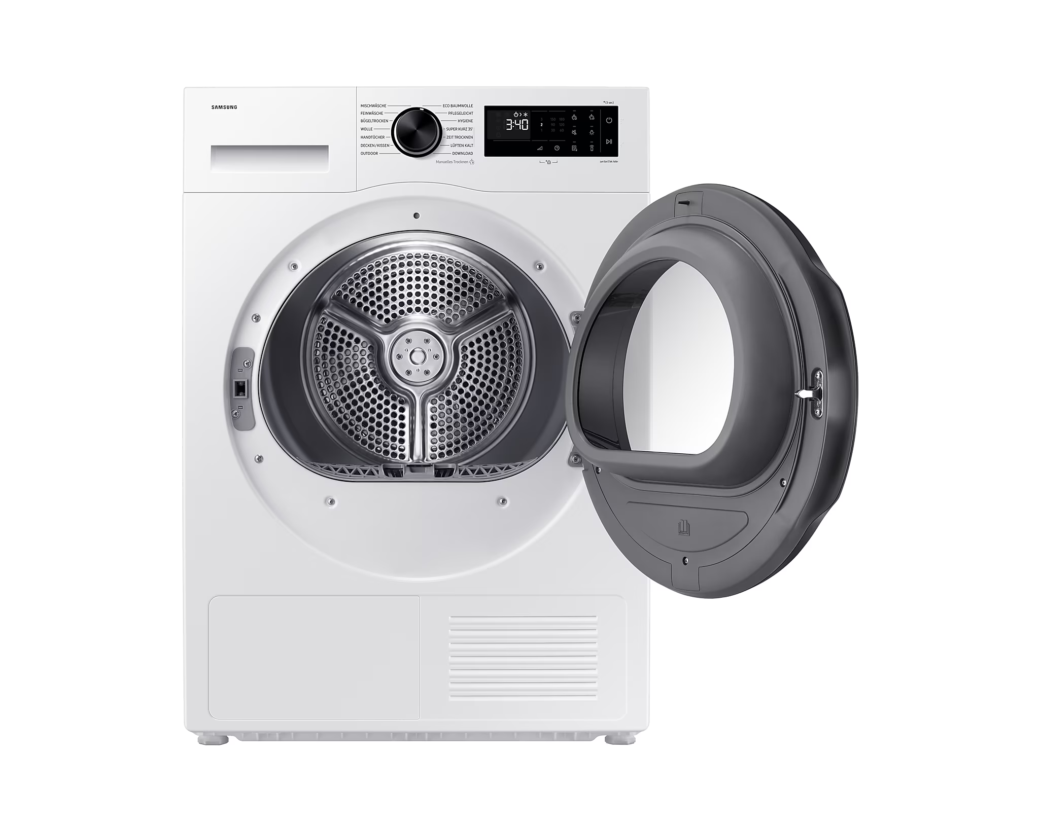 Weiße Waschmaschine mit offener Tür auf weißem Hintergrund.