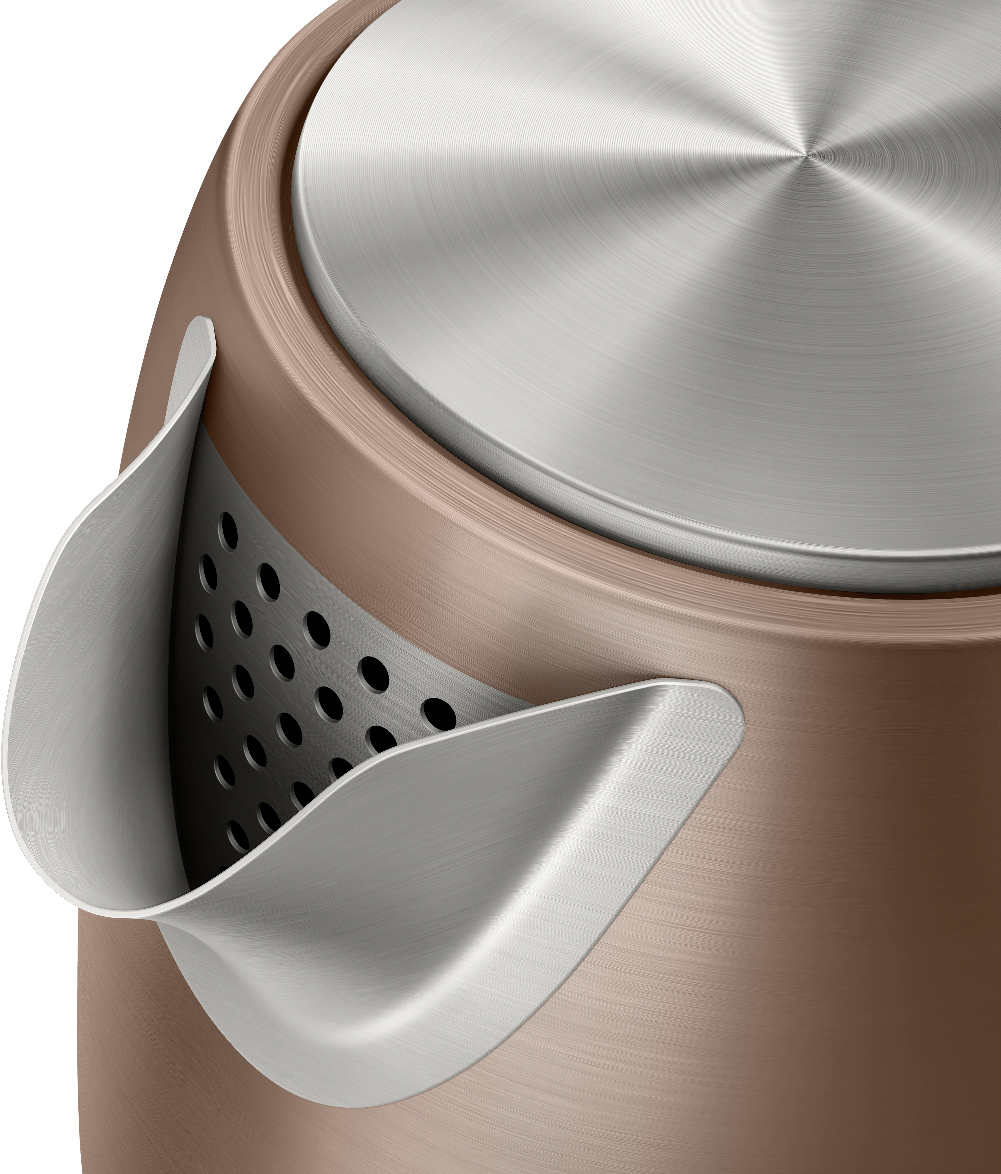 Zbliżenie miedzianego czajnika ze srebrnym dziobkiem i pokrywką.