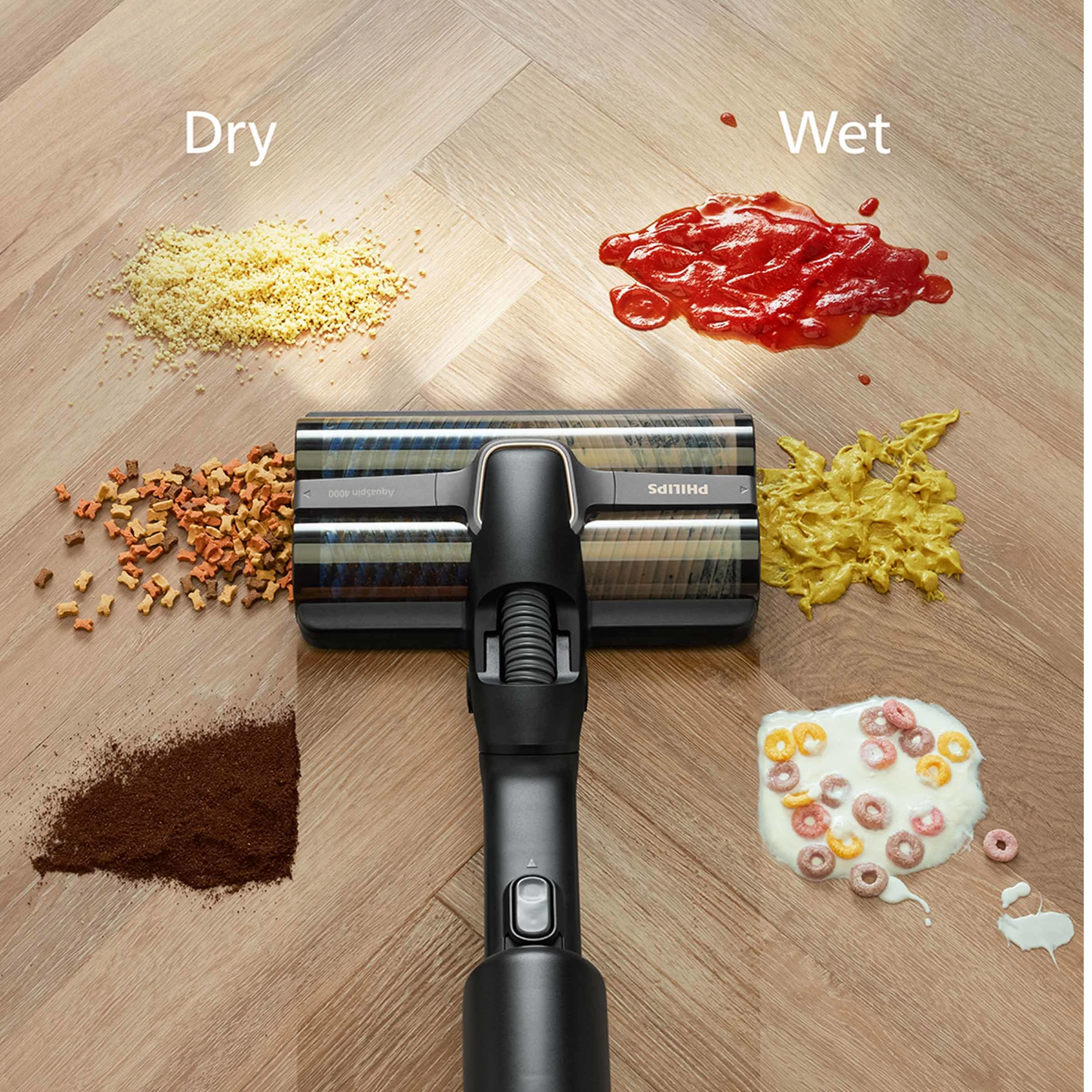 Głowica odkurzacza z różnymi materiałami do czyszczenia: okruchy, ketchup, płatki zbożowe itp.