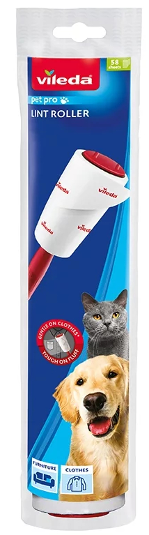 Biały wałek do usuwania kłaczków z czerwonym uchwytem i opakowaniem przedstawiającym psa, kota i ubrania.