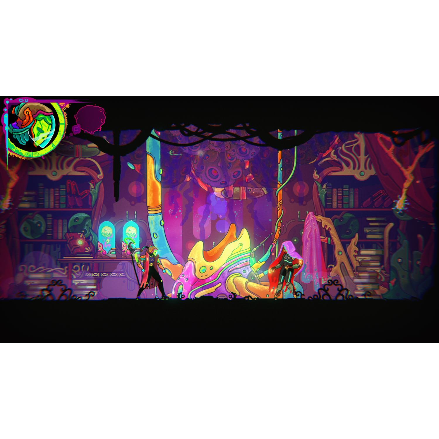 Een levendige, kleurrijke videogame-scène met twee personages in een fantastische setting.