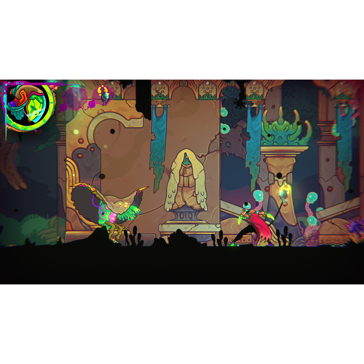 Een kleurrijke, gepixelde spelscène met twee personages in silhouet.