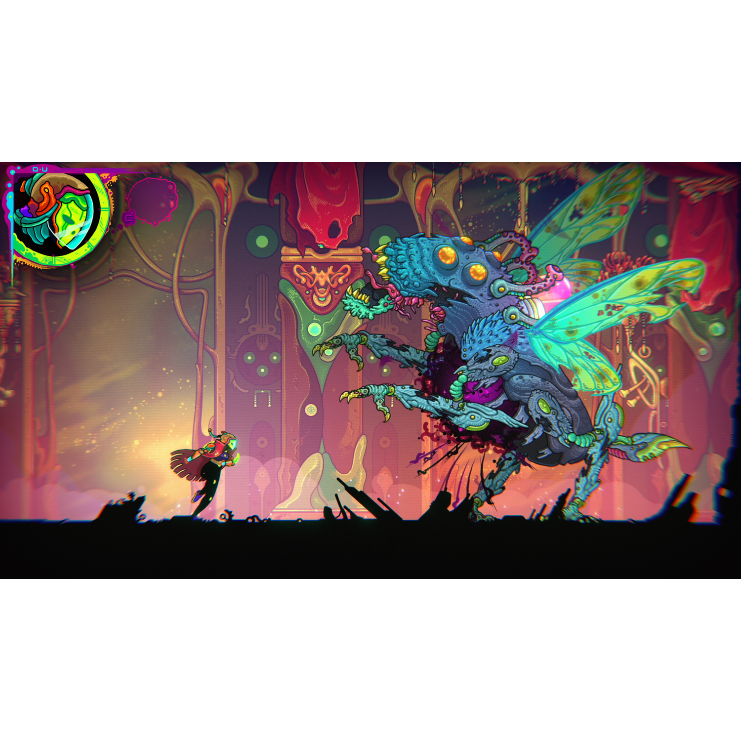 Een videogame-scène met een monster en een personage.