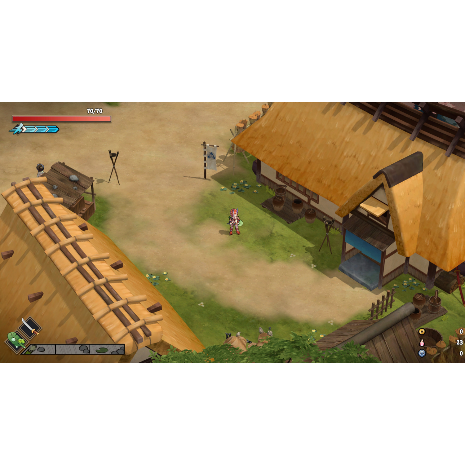 Isometrische weergave van een spelscène met gebouwen, een personage en paden.