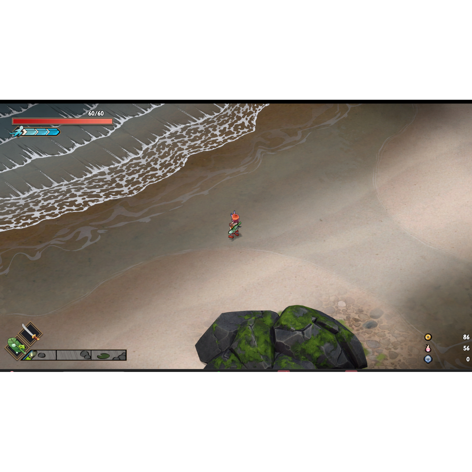 Videogame scene: Een personage op een strand, de oceaan, rotsen en een gezondheidsbalk linksboven.