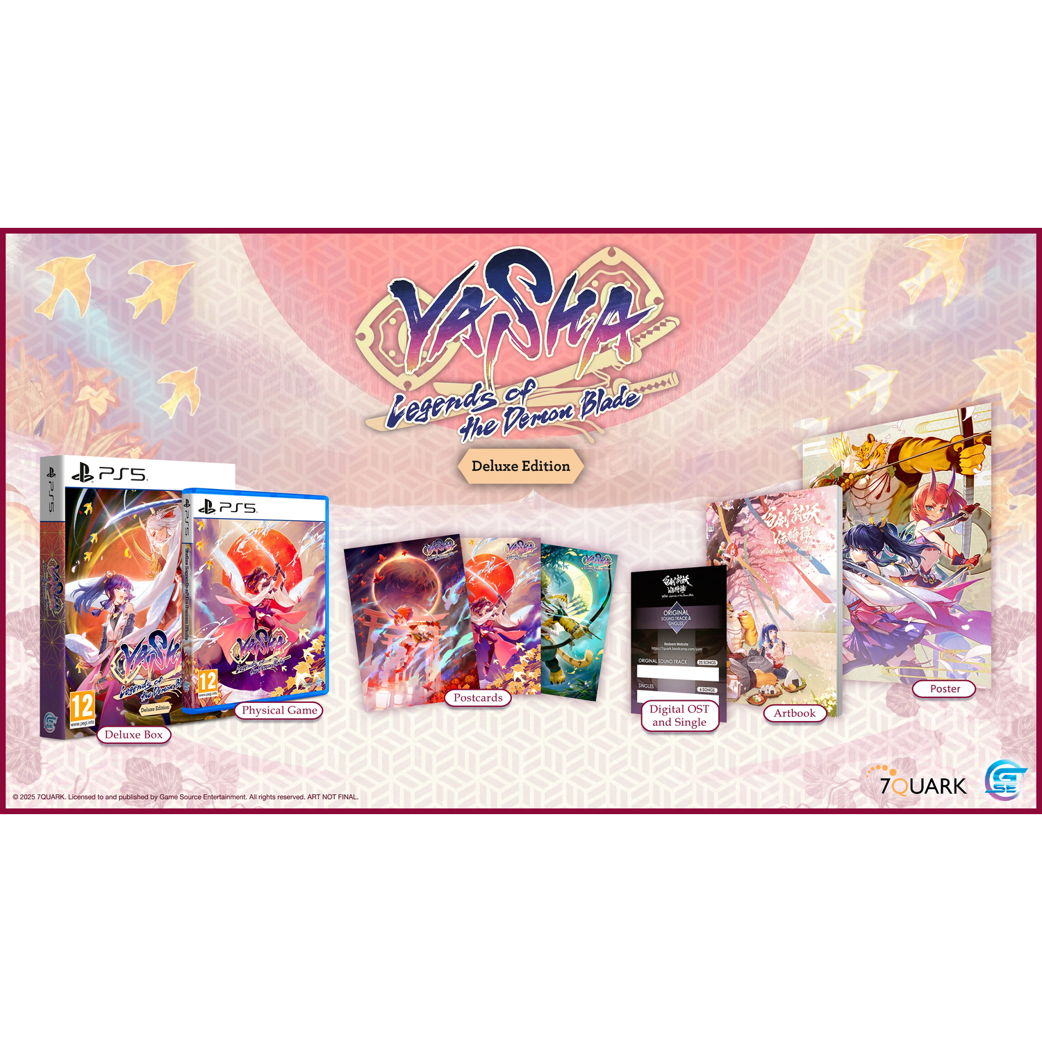 Een verzameling deluxe editie game-items, waaronder een doos, game en ansichtkaarten.