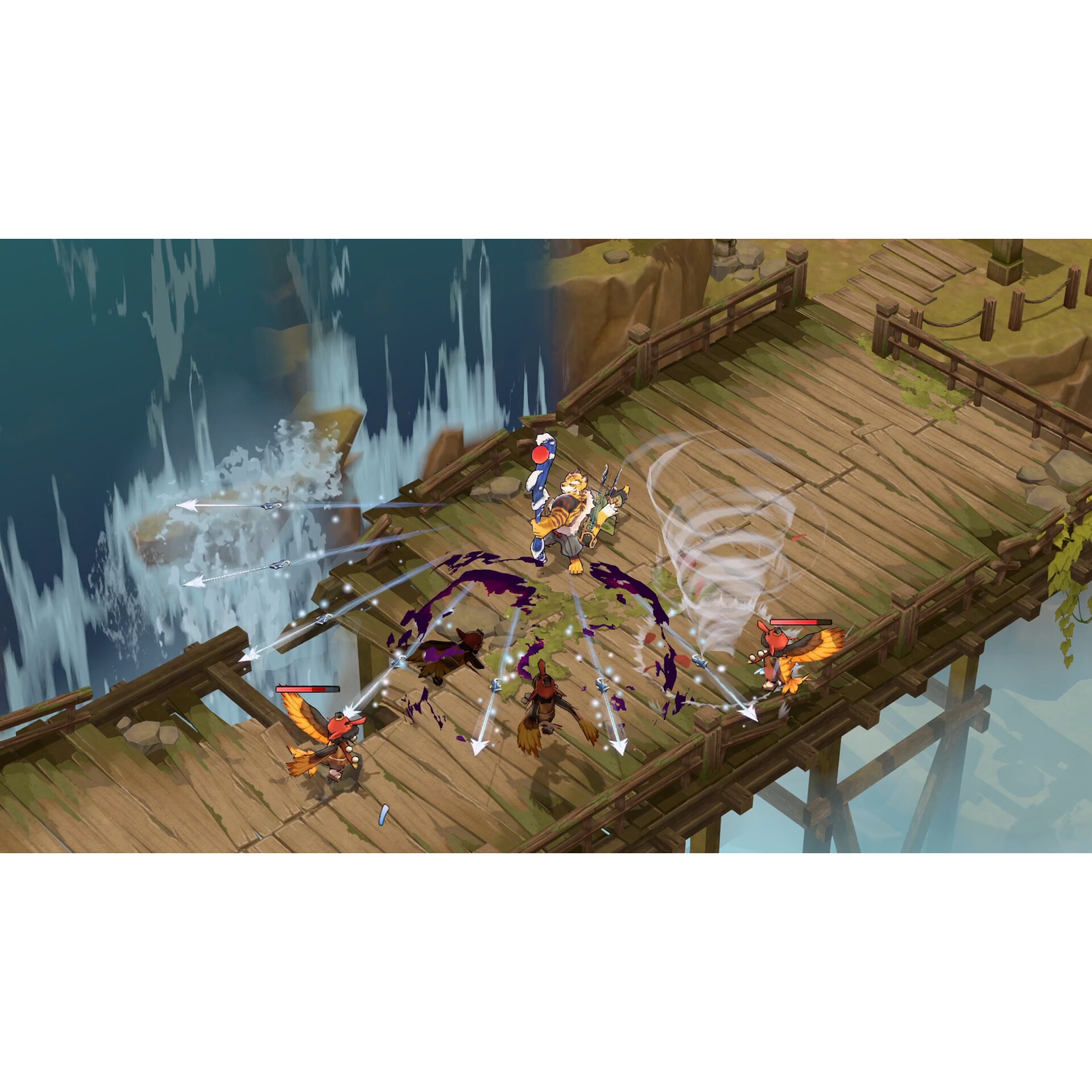 Videogame-scène met personages die vechten op een houten brug.