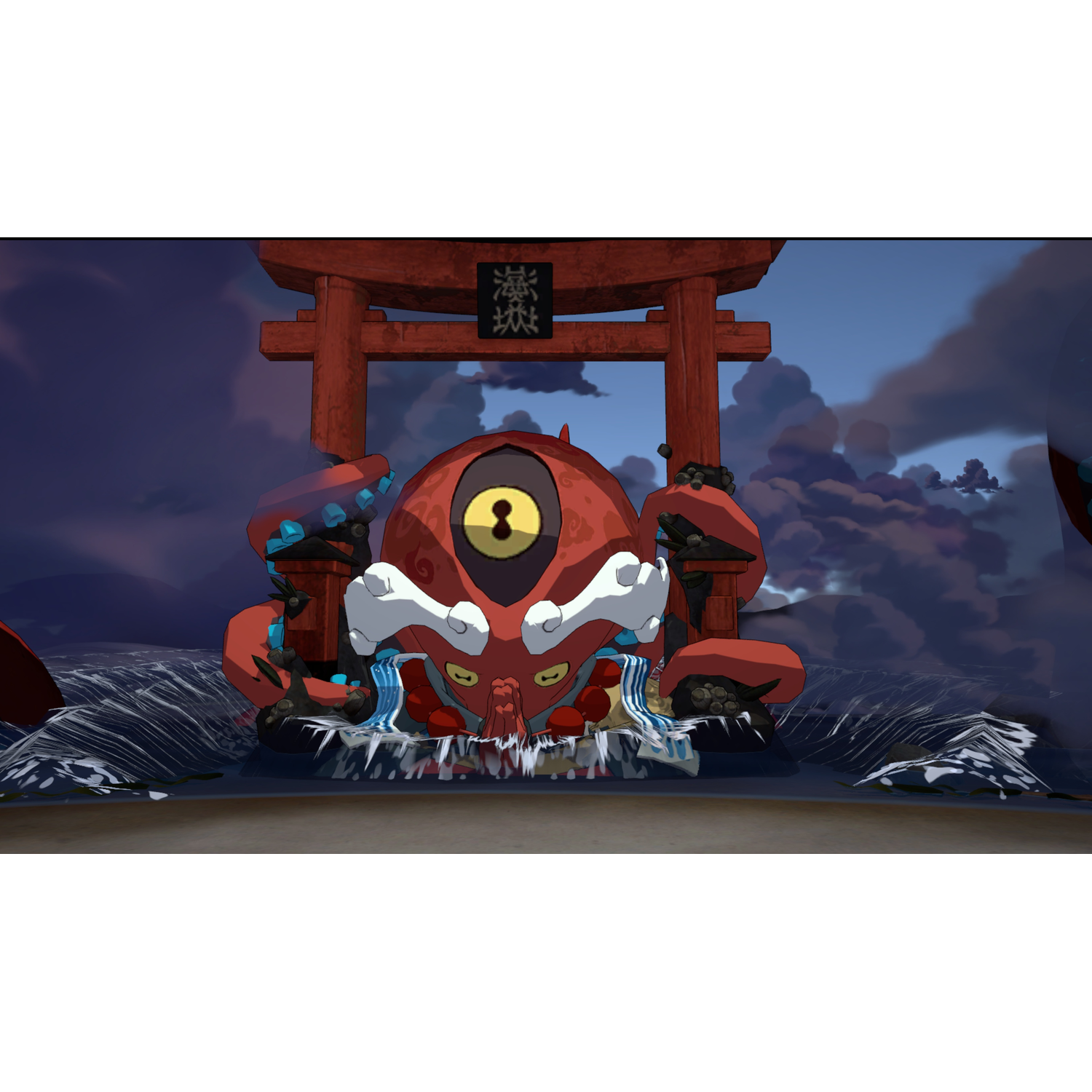 Rood monster uit een Japans videospel, voor een traditionele torii-poort. Donkere lucht.
