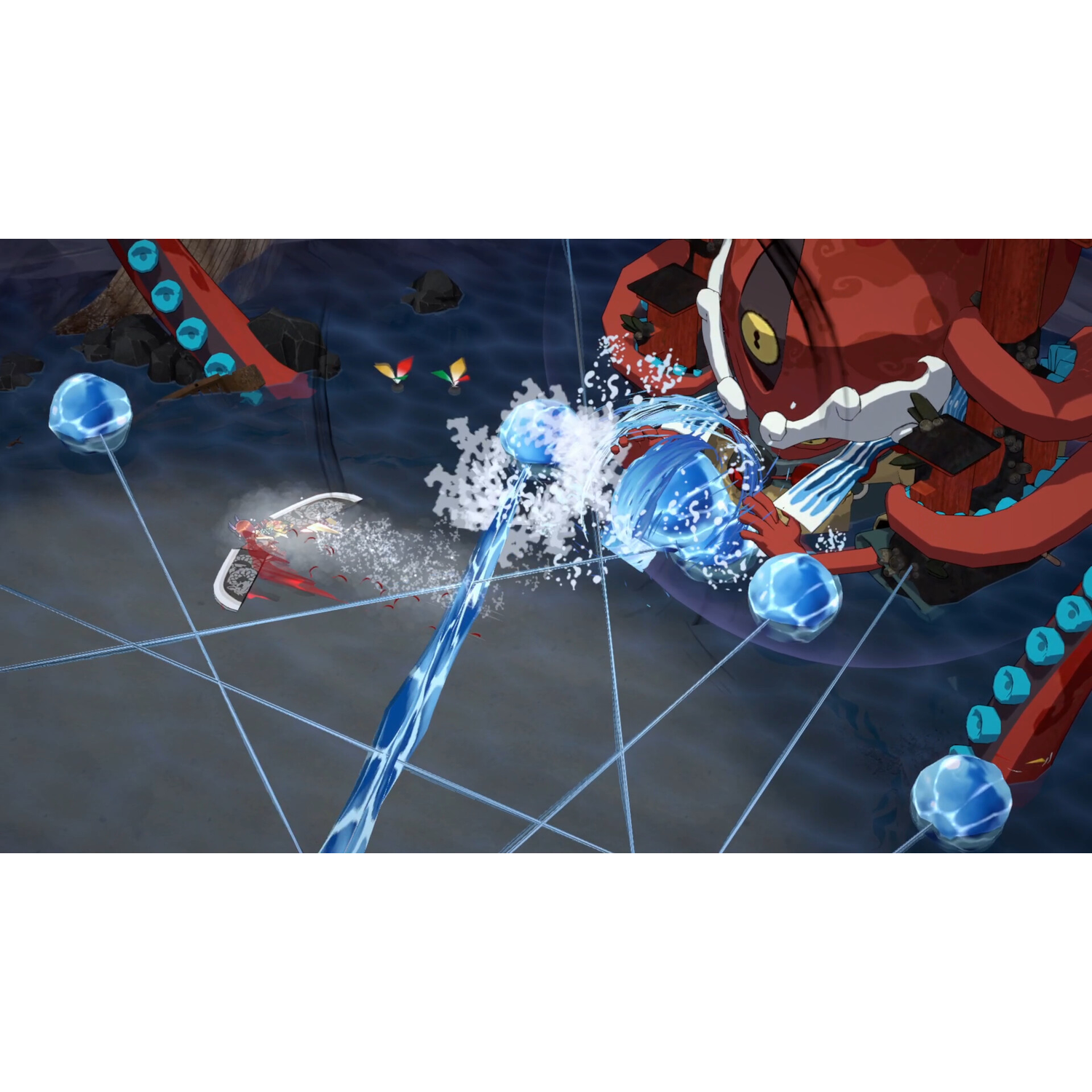 Videogame scène met een rode octopus die personages in het water aanvalt.