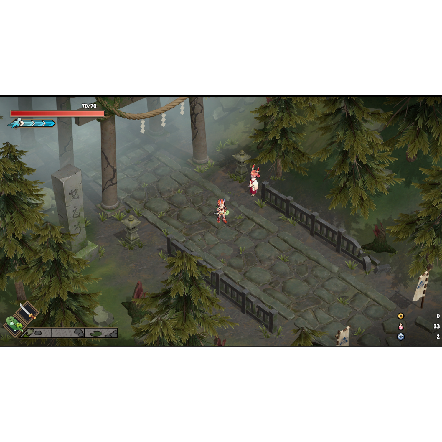 Videogame-scène met twee personages op een stenen pad in een bos.
