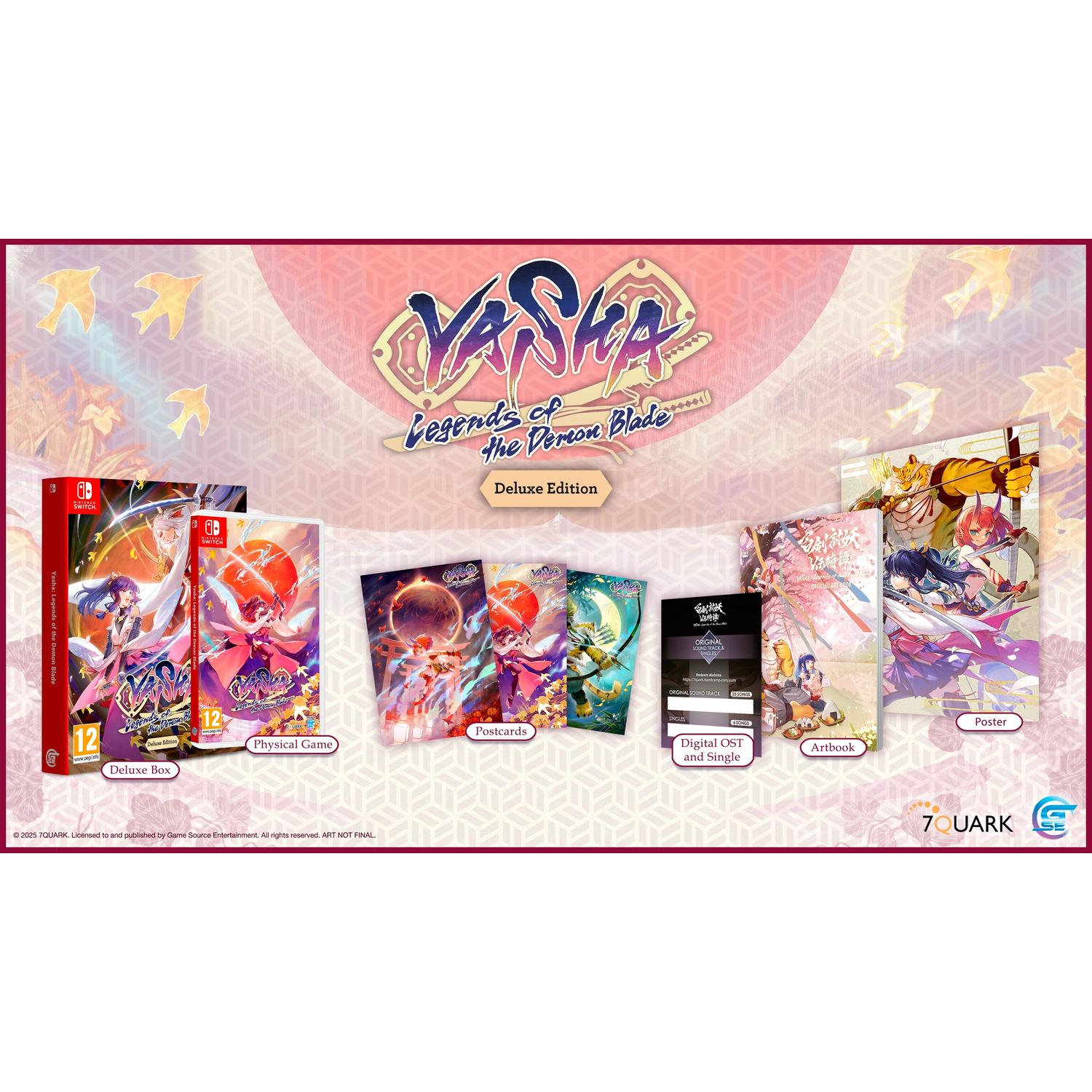 Deluxe box, physical game, postcards, digital OST, artbook, and poster of a game.