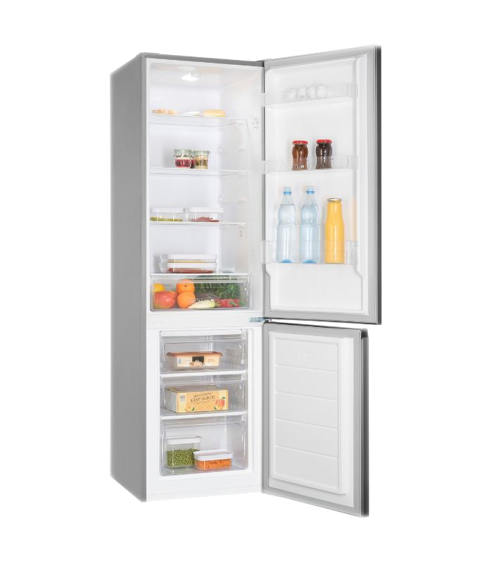 Kühlschrank mit geöffneten Türen. Enthält Lebensmittel, Regale, Schubladen und Wasserflaschen.