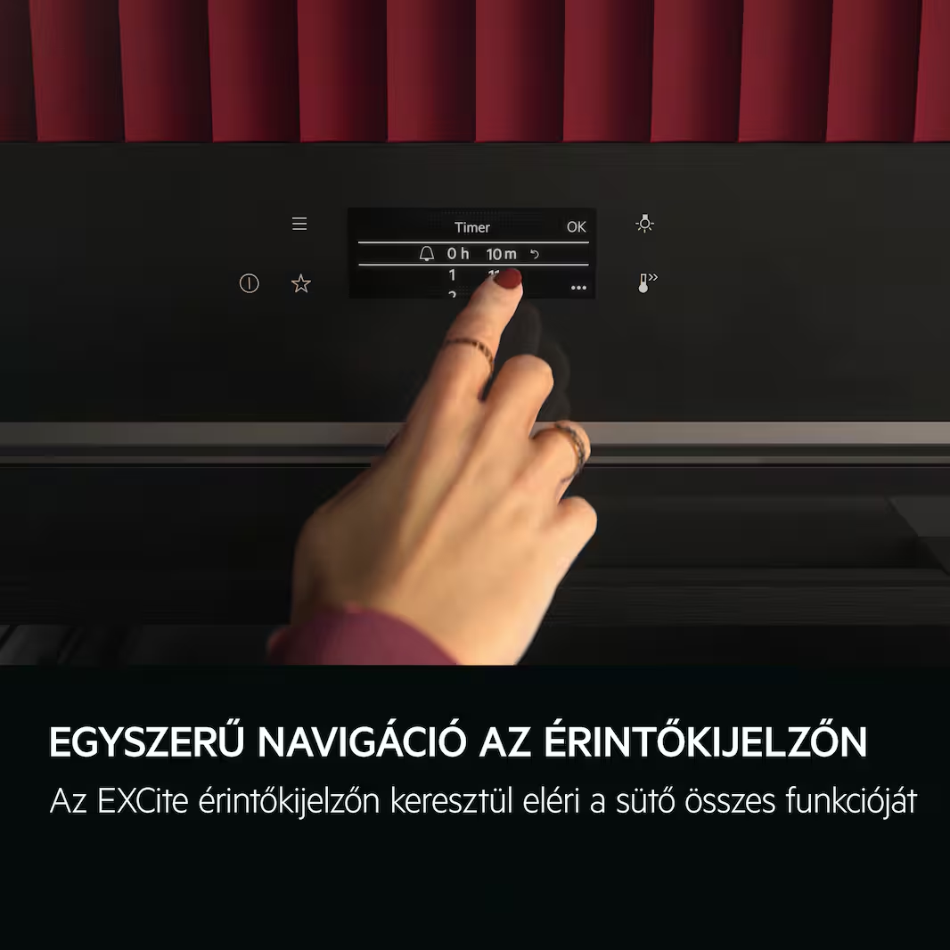 Egy kéz megérinti a sütő érintőképernyőjét, amely egy 0 óra 10 perces időzítőt jelenít meg. A szöveg magyar.