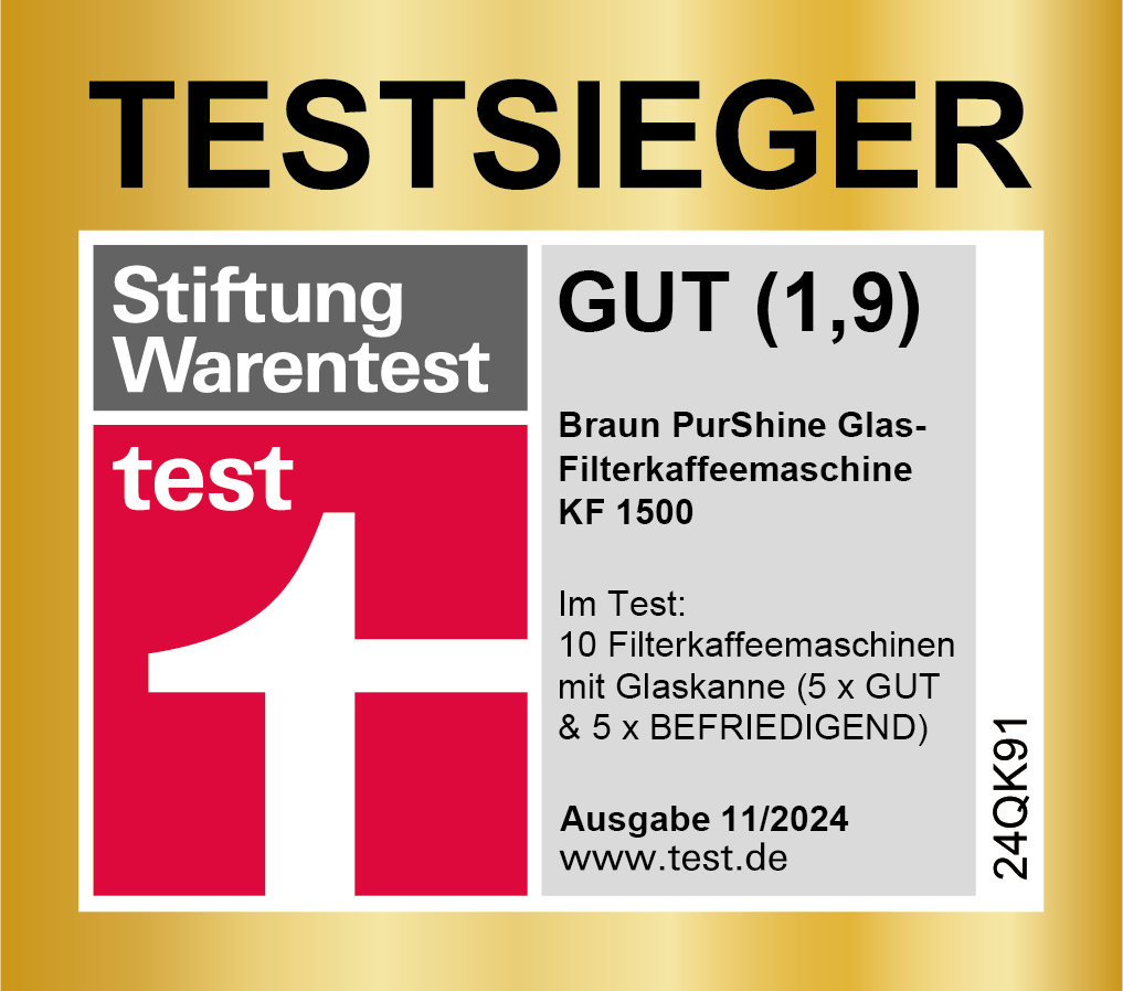 Stiftung Warentest: 'GUT (1,9)' für Braun PurShine Kaffeemaschine, Ausgabe 11/2024.