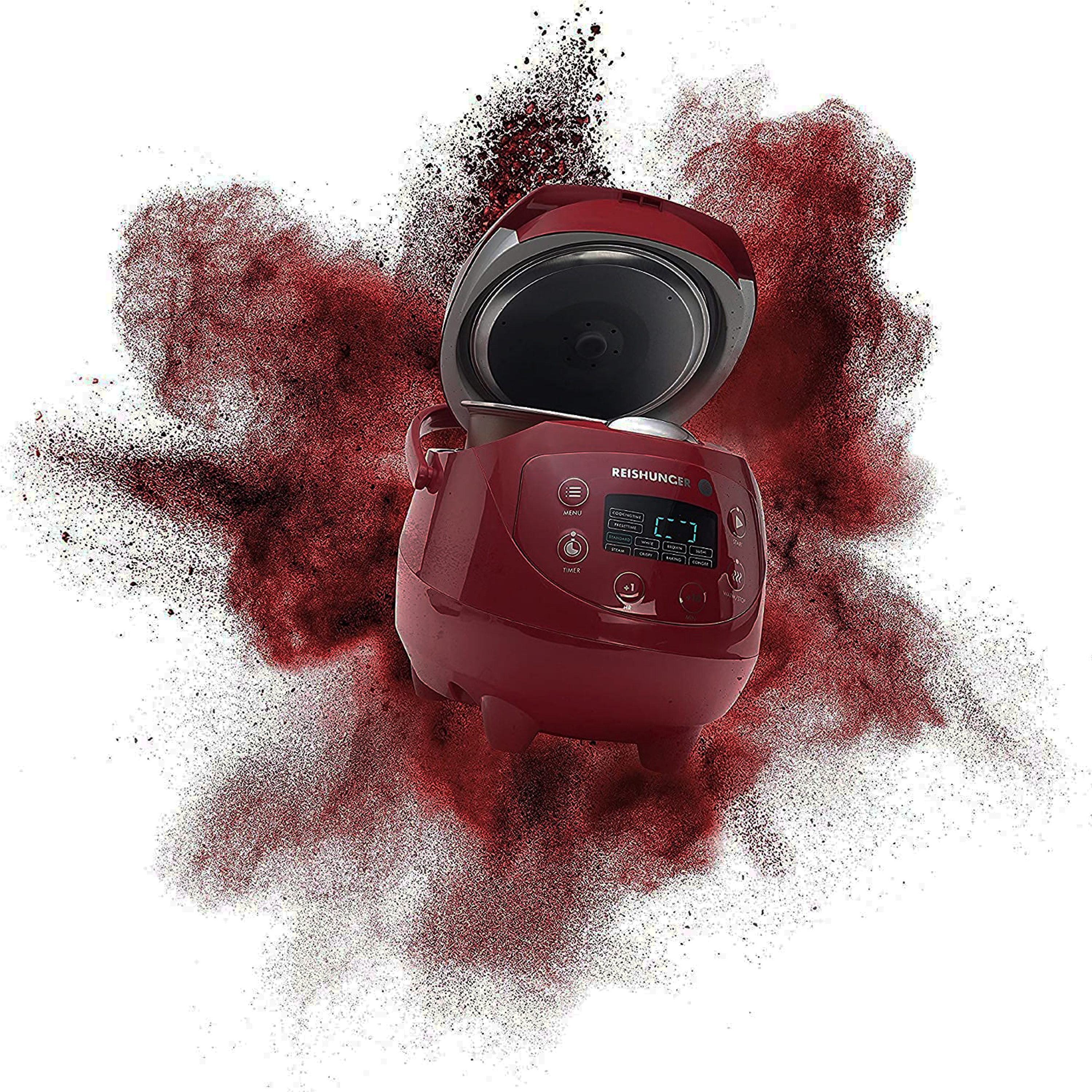 Roter Reiskocher mit offenem Deckel, umgeben von roter Pulverexplosion.