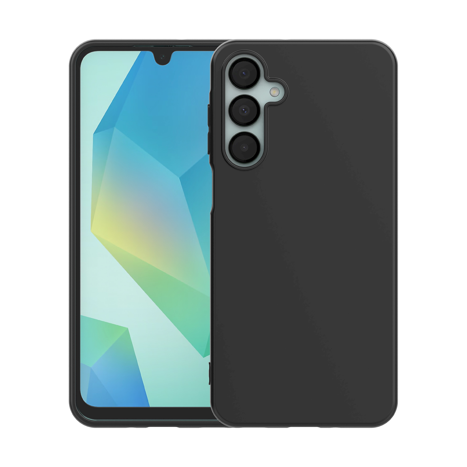 Custodia nera per telefono con due fotocamere e schermo. Sfondo bianco.