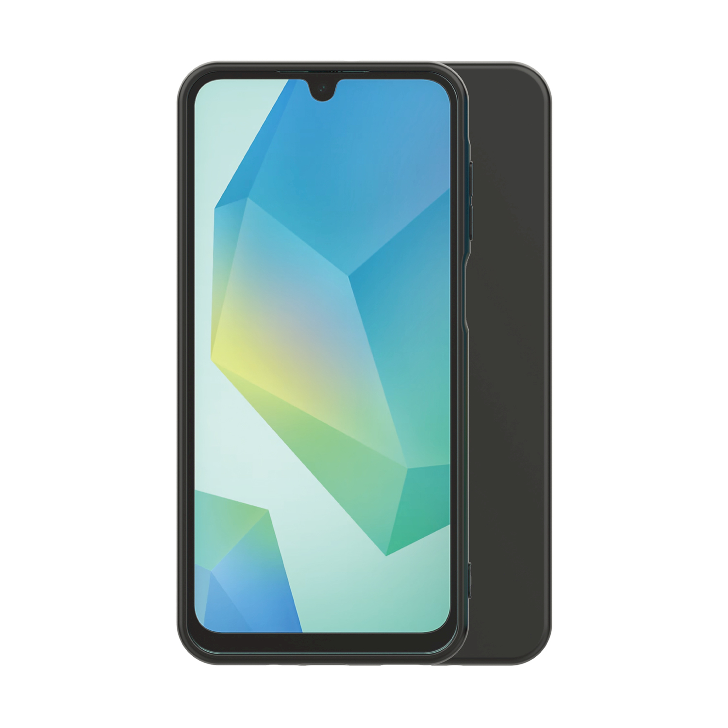 Uno smartphone nero con schermo blu e giallo e retro nero. Lo schermo ha un motivo geometrico.