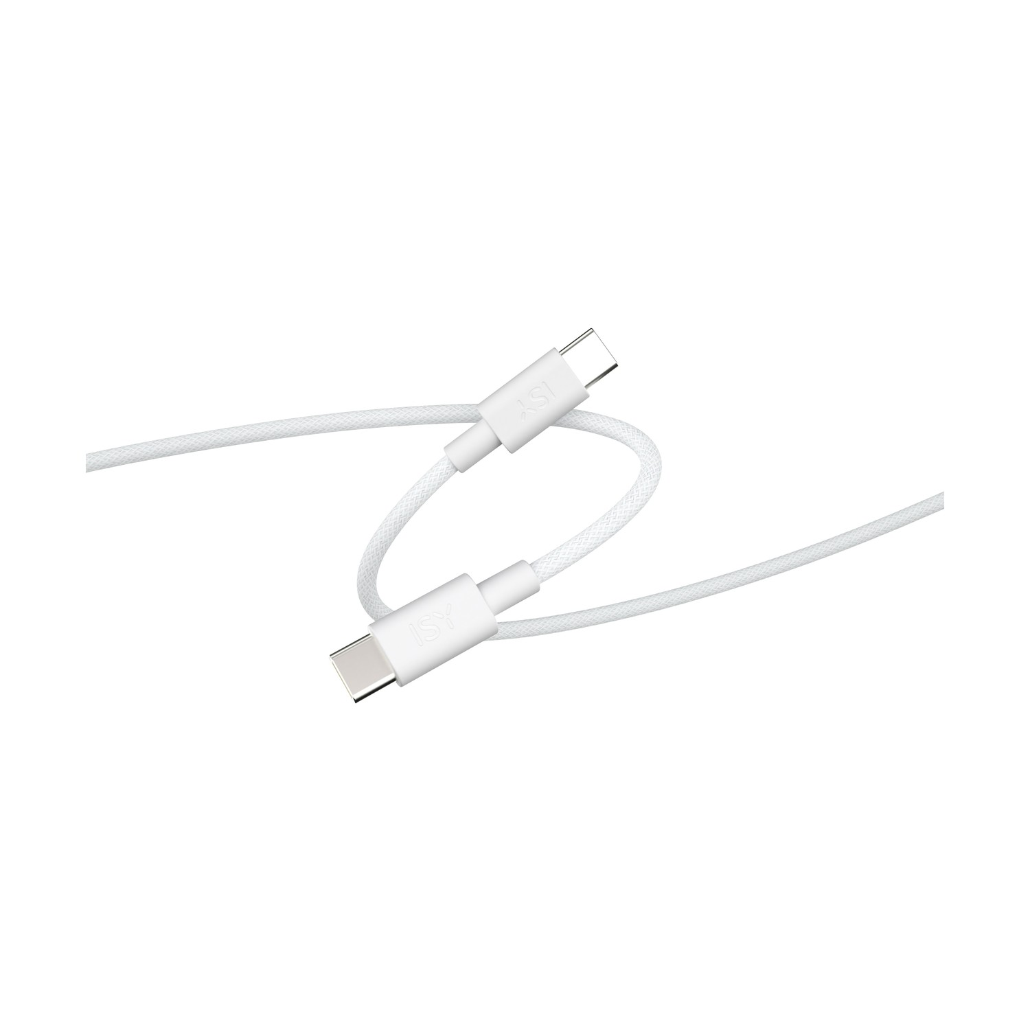 Cavo USB-C bianco con due connettori, piegato ad anello, su sfondo bianco.
