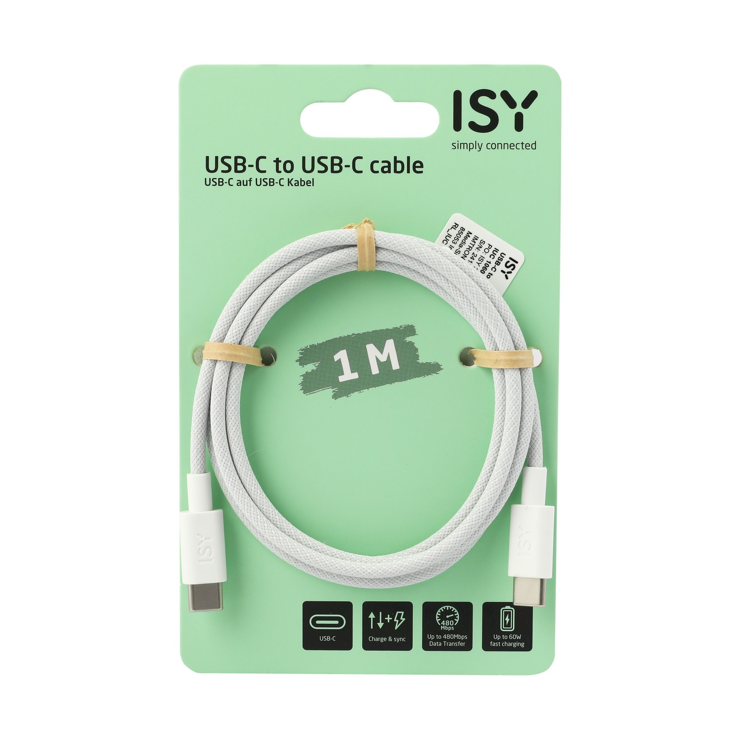 Cavo USB-C a USB-C bianco su una scheda. La scheda mostra il cavo e le sue caratteristiche.