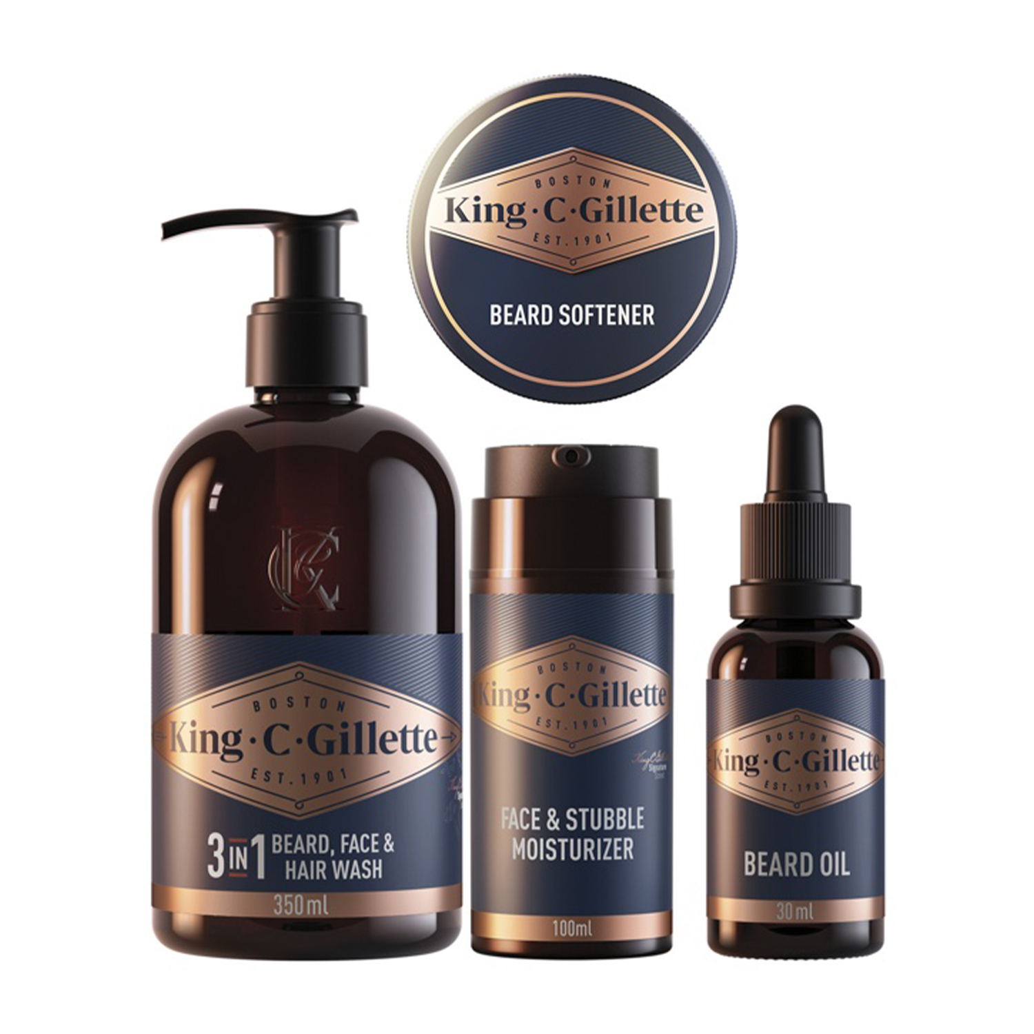 Prodotti per la cura della barba King C. Gillette: shampoo barba, idratante e olio barba con ammorbidente.