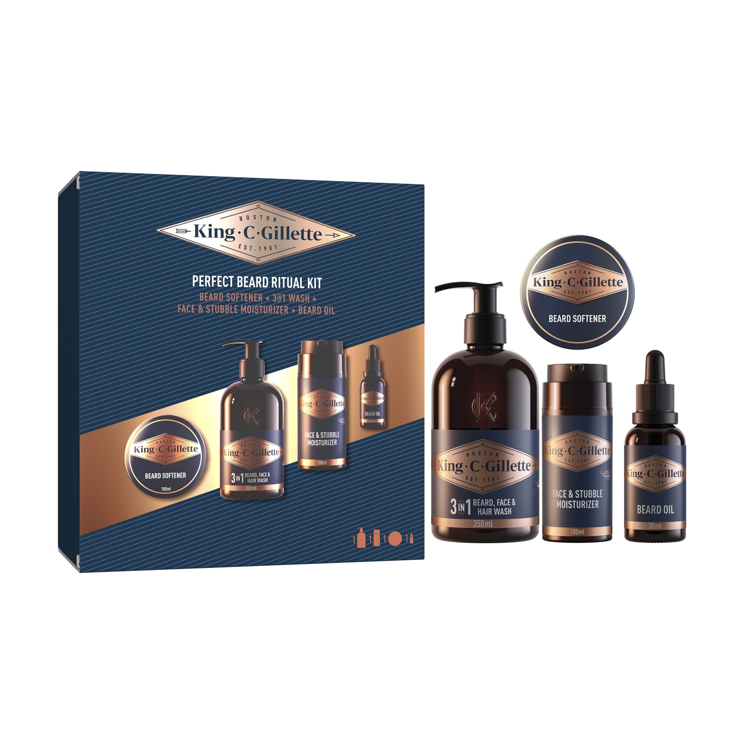 Un kit per la cura della persona King C. Gillette con più prodotti in una confezione regalo, su sfondo bianco.